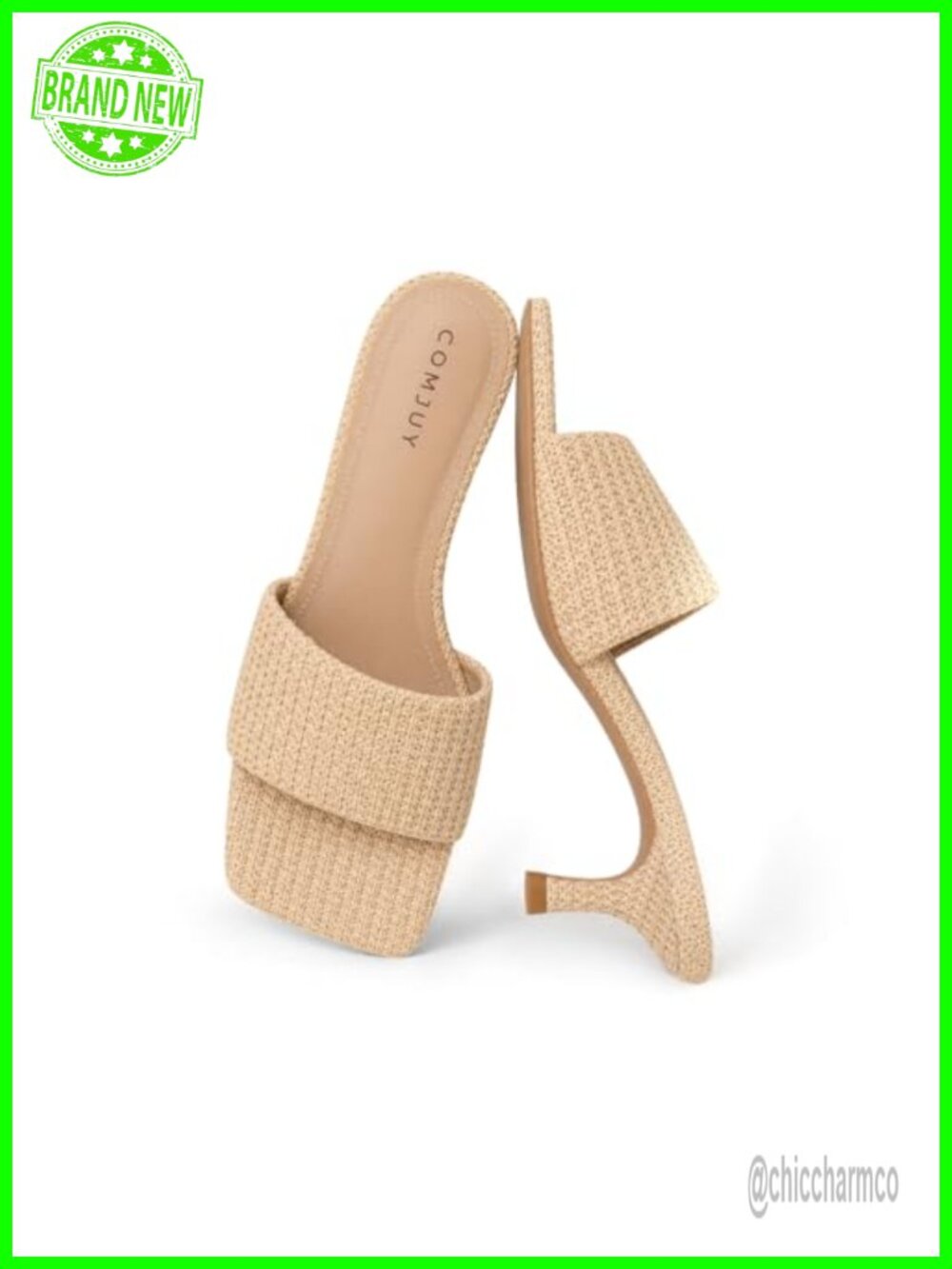 Women's Raffia Kitten Heel Sandals Woven Slide Heels Square Toe Slip On